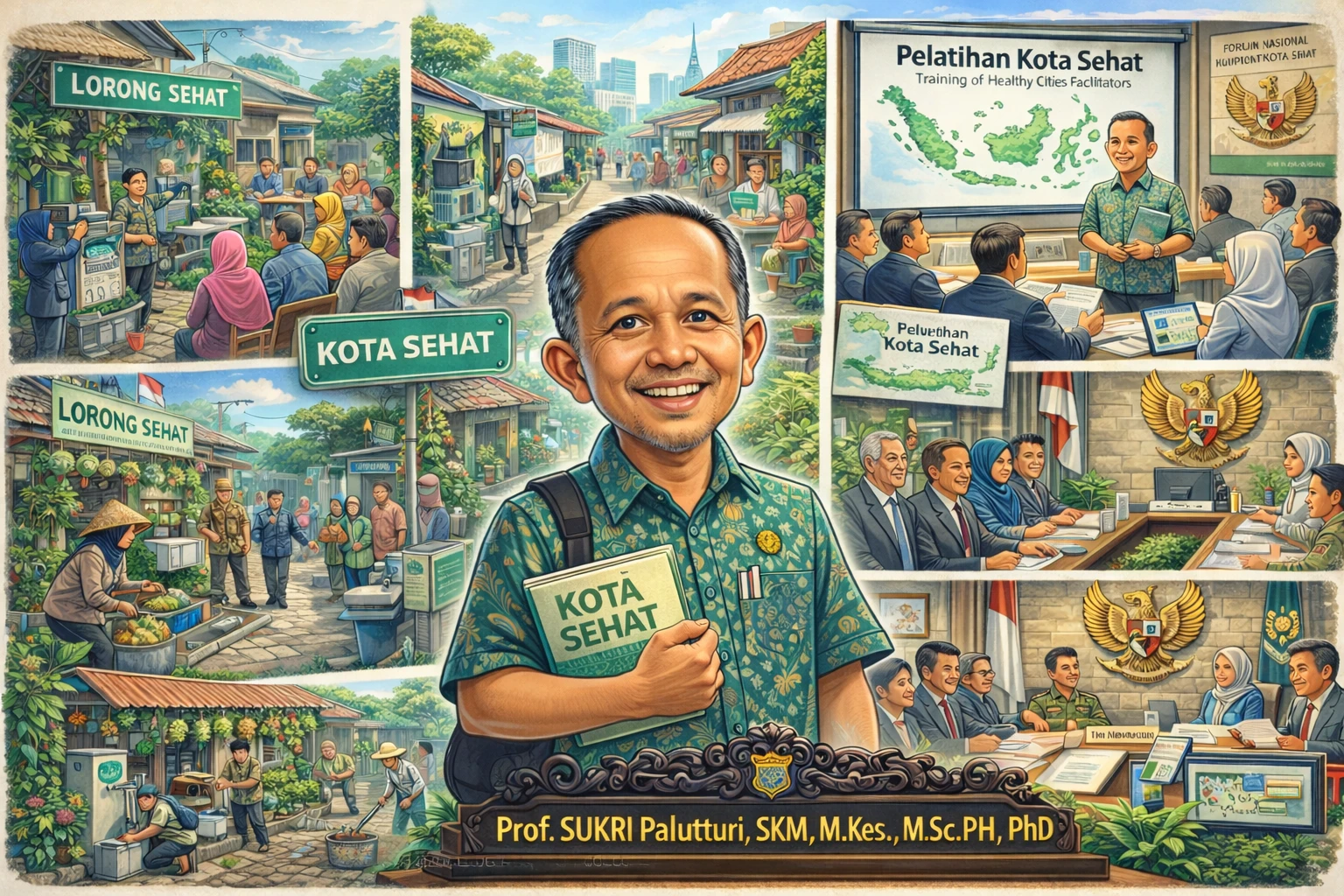 Karikatur ini menggambarkan Prof. Sukri Palutturi sebagai arsitek gerakan Kota Sehat di Indonesia—mengintegrasikan pemberdayaan lorong, pelatihan fasilitator, penguatan forum daerah, hingga sinergi lintas kementerian—dengan pendekatan partisipatif, berbasis data, dan berorientasi pada dampak nyata bagi kesejahteraan masyarakat. (Karikatur dibuat oleh AI: Chat GPT).